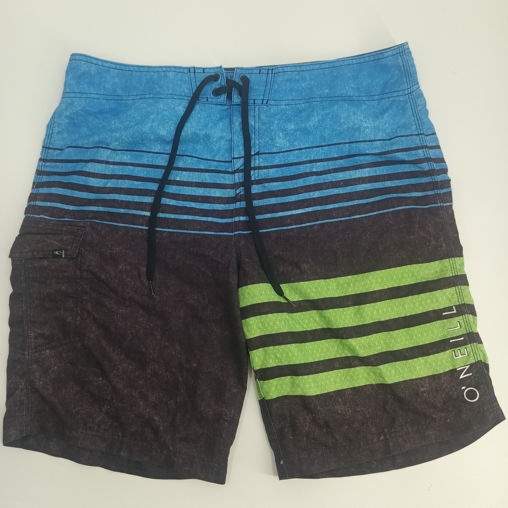 ONeill Mens Board Shorts 36 Blue Black Green Striped Cargo Pocket Swim Trunks